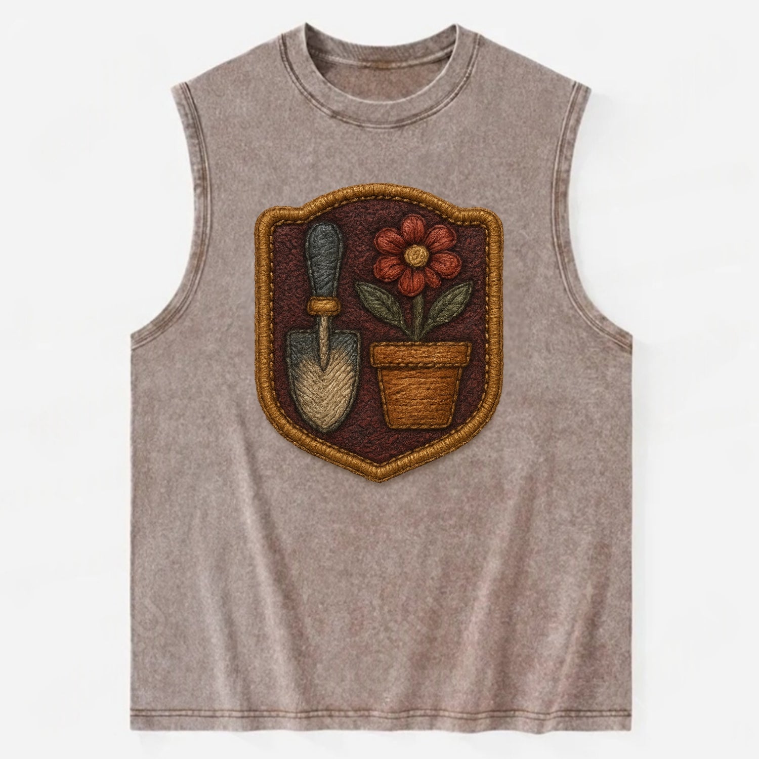 Garden trowel with flower pot - gardener badge - Vintage Washed Tank - Brown