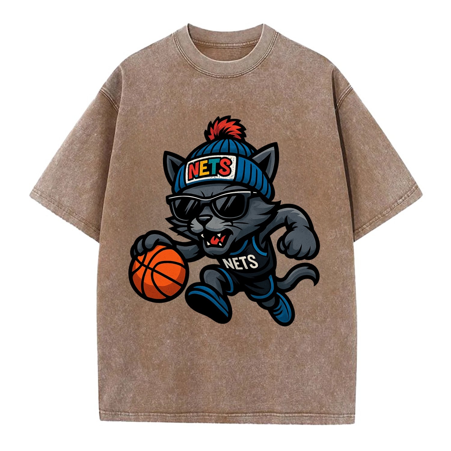 Brooklyn Cat wearing Nets beanie with street art patch and wayfarer sunglasses - Vintage T-shirt - Brown