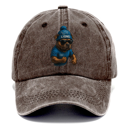 Detroit Pitbull wearing Lions beanie with auto patch and wayfarer sunglasses - Classic Cap - Brown
