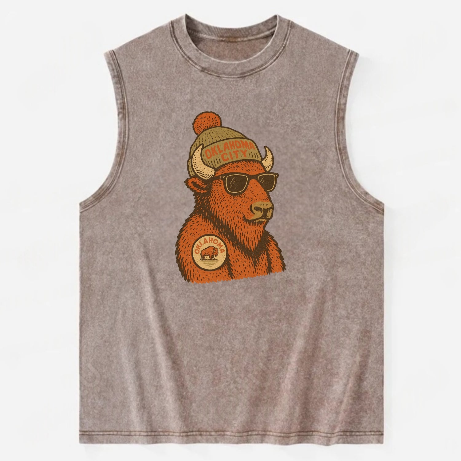 Oklahoma Buffalo wearing Oklahoma City beanie with pom pom and wayfarer - Vintage Washed Tank - Brown