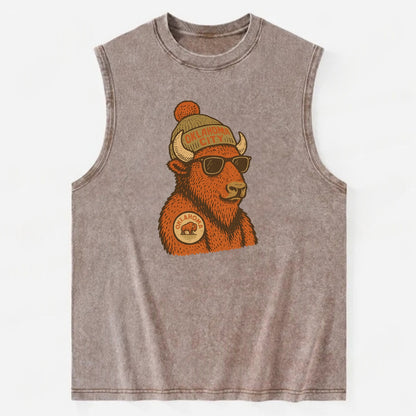 Oklahoma Buffalo wearing Oklahoma City beanie with pom pom and wayfarer - Vintage Washed Tank - Brown