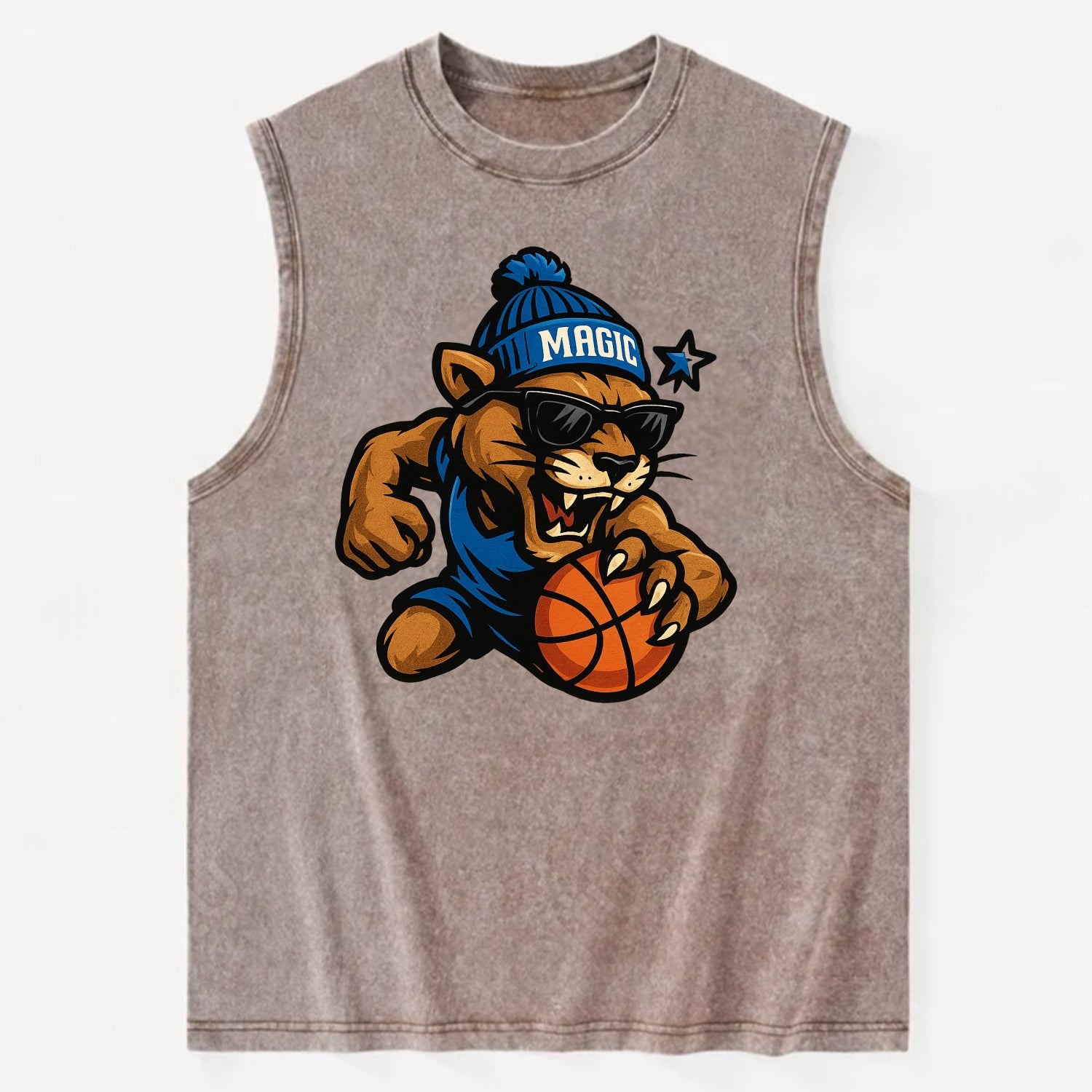 Florida Panther wearing Magic beanie with star wand patch and wayfarer - Vintage Washed Tank - Brown