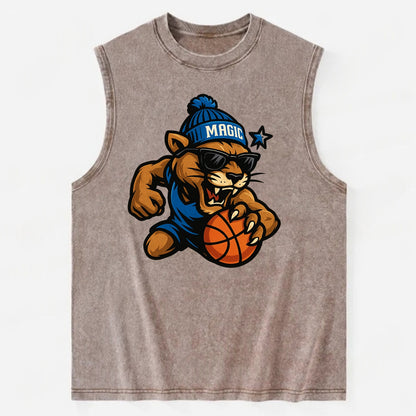 Florida Panther wearing Magic beanie with star wand patch and wayfarer - Vintage Washed Tank - Brown