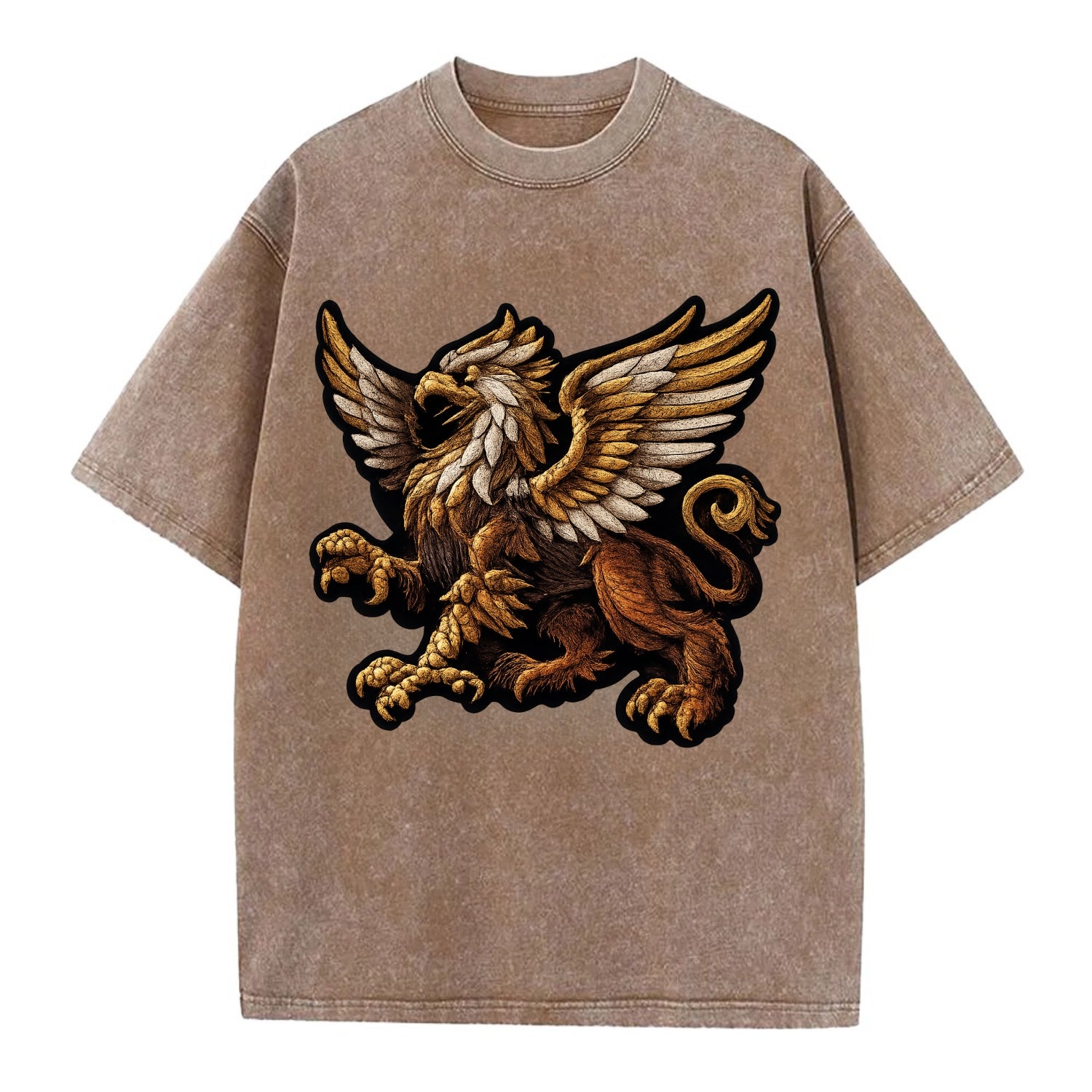 GRIFFIN BEAST - lion eagle hybrid in gold and brown , heraldic - Vintage T-shirt - Brown