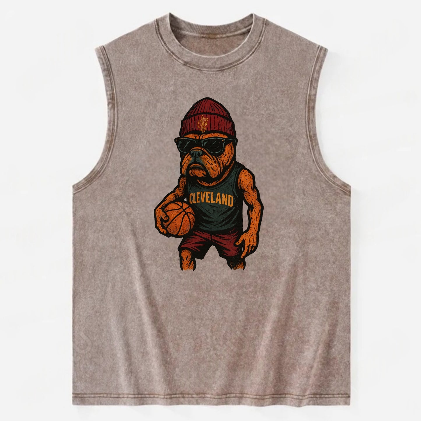 Cleveland Bulldog wearing Cavaliers wine and gold beanie with sword patch and - Vintage Washed Tank - Brown