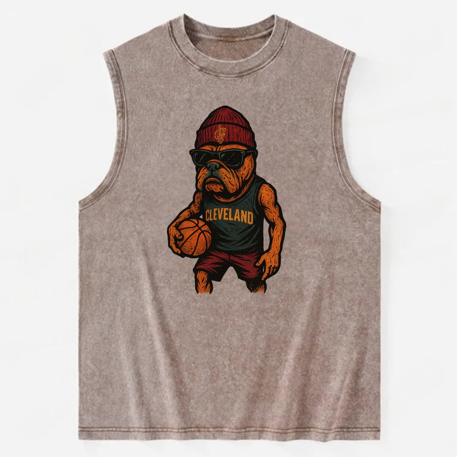 Cleveland Bulldog wearing Cavaliers wine and gold beanie with sword patch and - Vintage Washed Tank - Brown