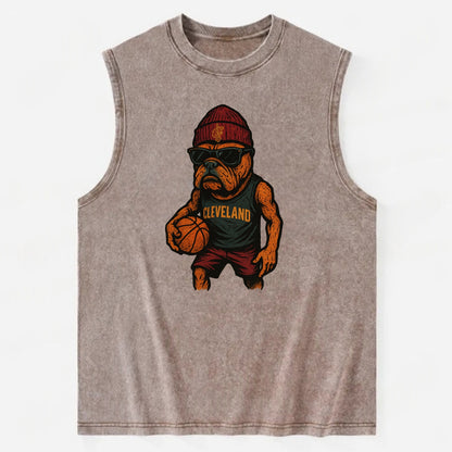 Cleveland Bulldog wearing Cavaliers wine and gold beanie with sword patch and - Vintage Washed Tank - Brown