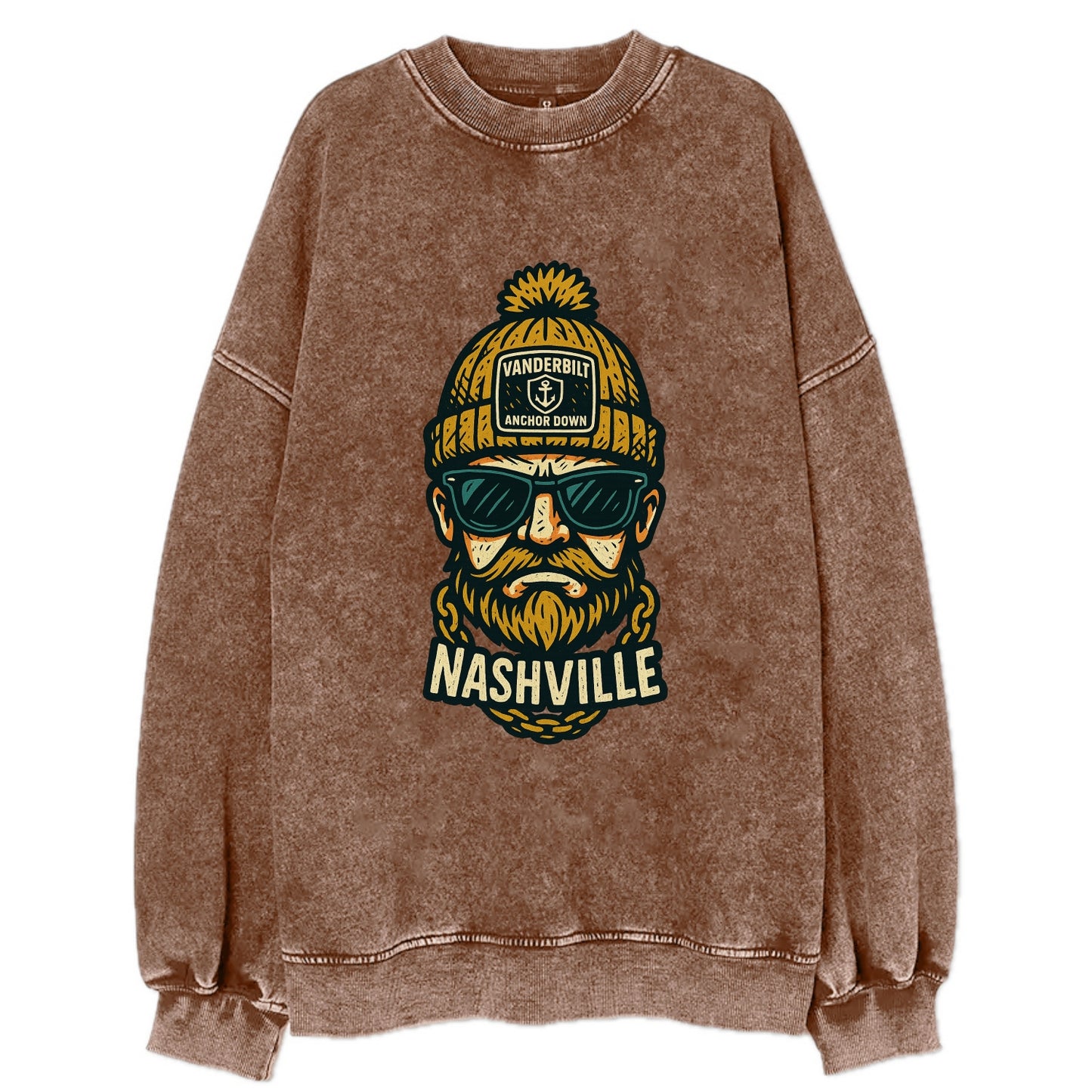 Nashville Commodore wearing Vanderbilt beanie with anchor patch - Vintage Sweatshirt - Brown