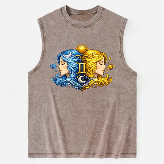 TWIN FACES | Two faces in profile mirror image | Gemini duality | Opposite - Vintage Washed Tank - Brown