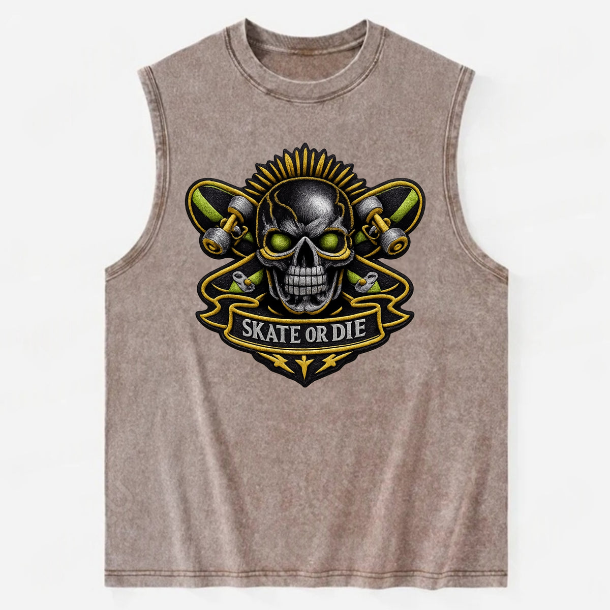 SKATEBOARD SKULL - skull with skateboard in black and neon green , extreme - Vintage Washed Tank - Brown