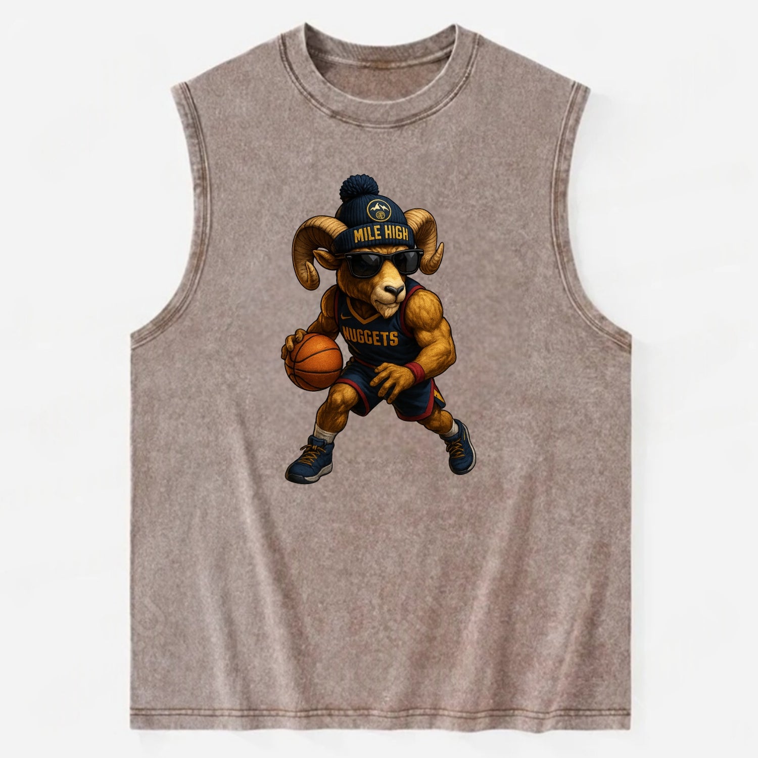 Mile High Bighorn wearing Nuggets beanie with mountain patch and wayfarer - Vintage Washed Tank - Brown