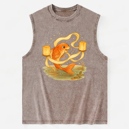 Koi weaving silk streamers through floating lanterns on tranquil water - Vintage Washed Tank - Brown