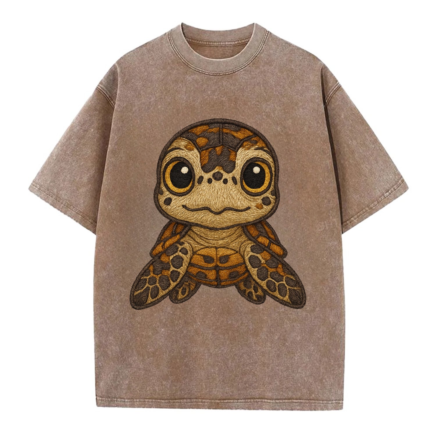 Baby Hawksbill Turtle - amber and brown shell pattern, curious golden eyes, - Vintage T-shirt - Brown