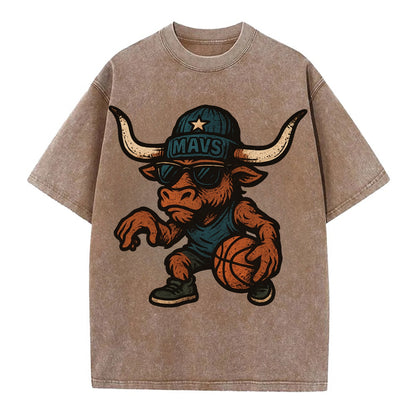 Texas Longhorn wearing Mavs beanie with lone star patch and wayfarer sunglasses - Vintage T-shirt - Brown