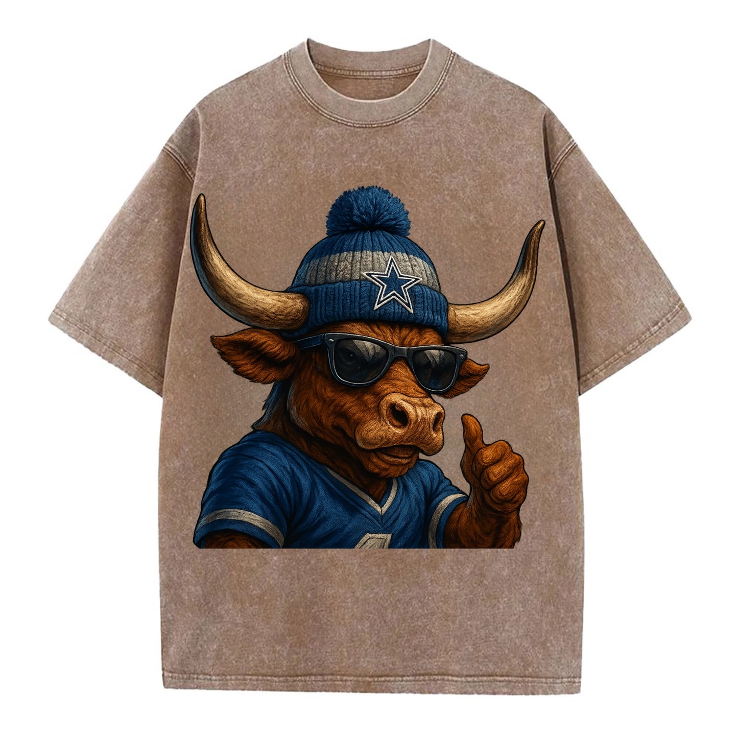 Texas Longhorn wearing Cowboys silver and blue beanie with star and wayfarer - Vintage T-shirt - Brown