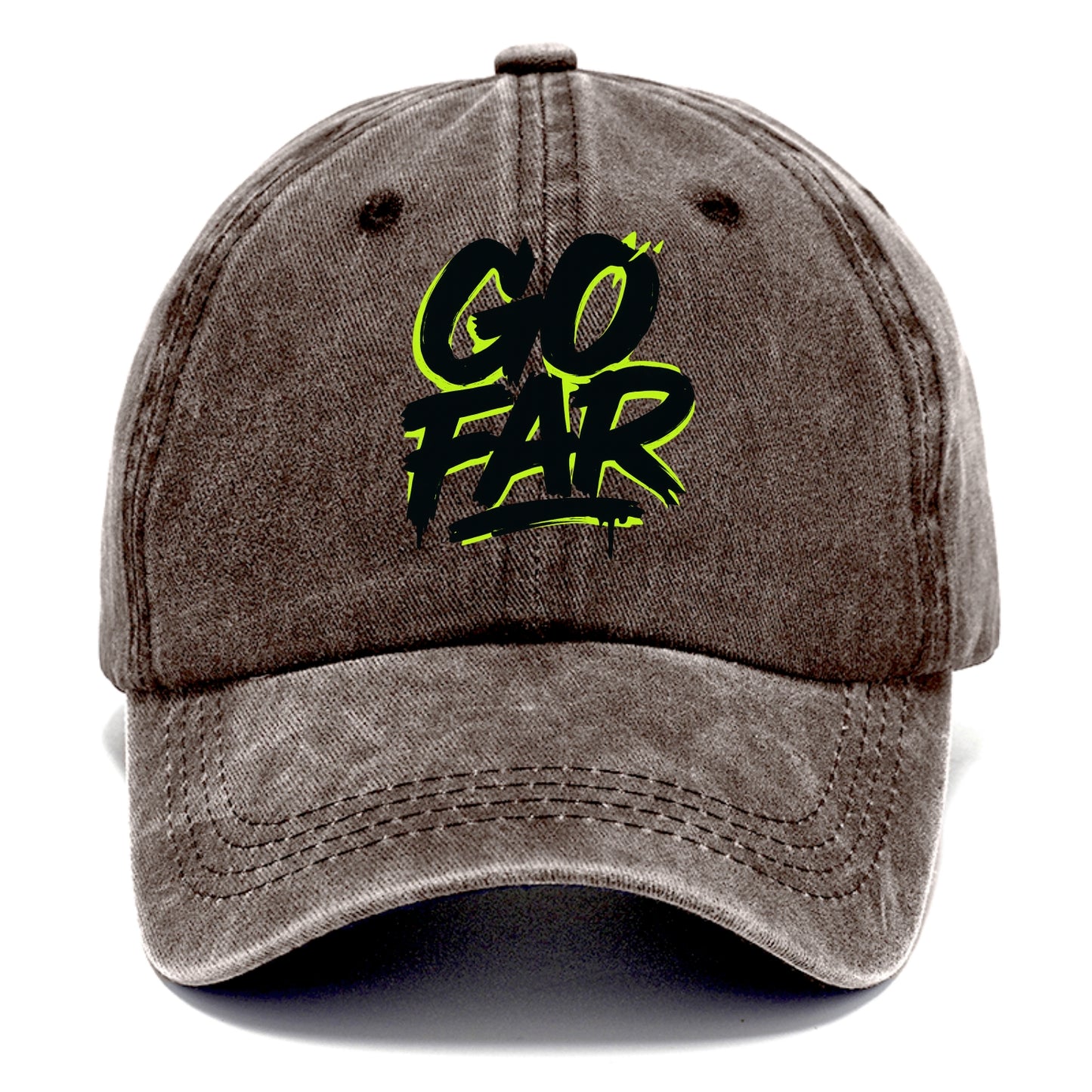 Bold typography design - "GO FAR" - distance goals, pushing limits - Classic Cap - Brown