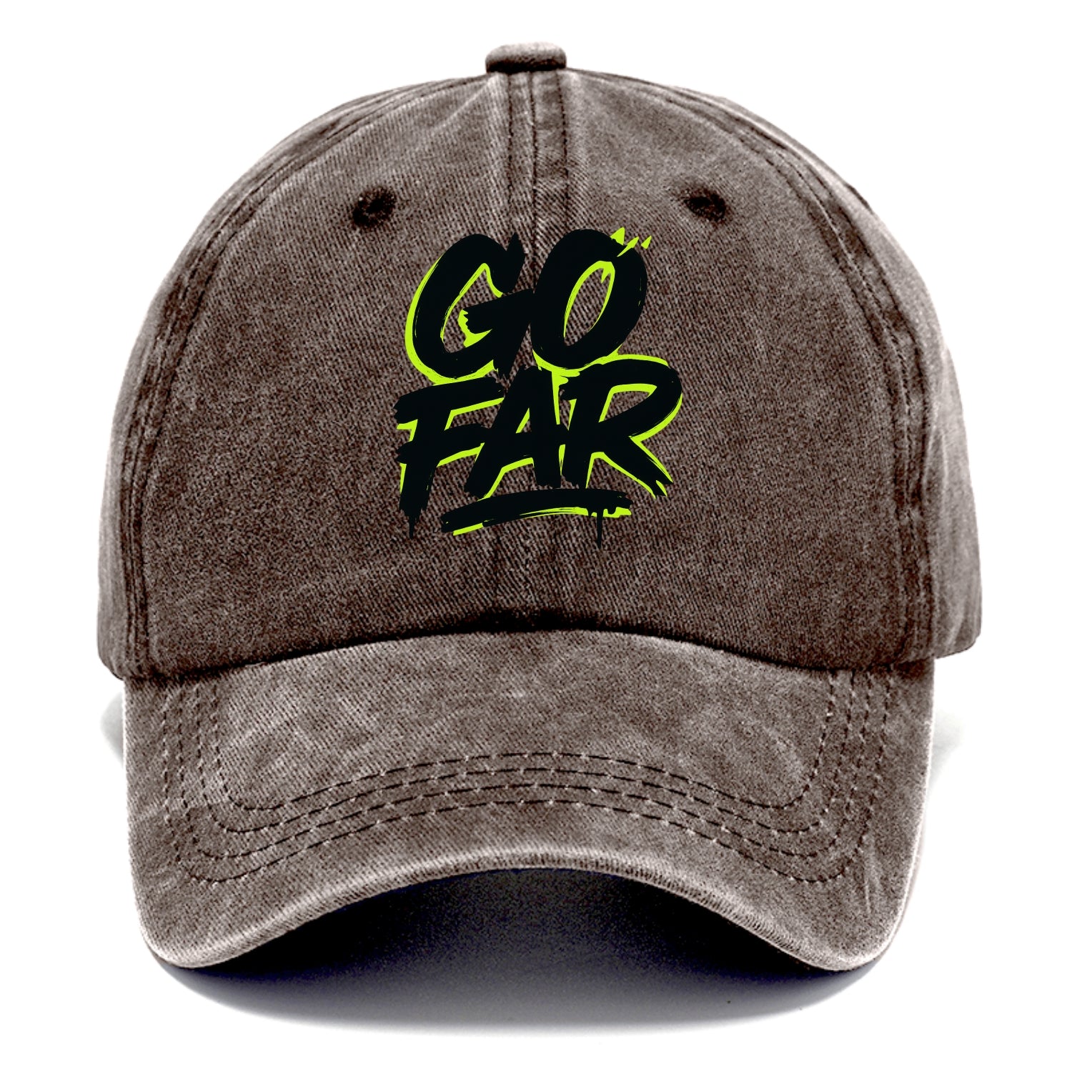 Bold typography design - "GO FAR" - distance goals, pushing limits - Classic Cap - Brown