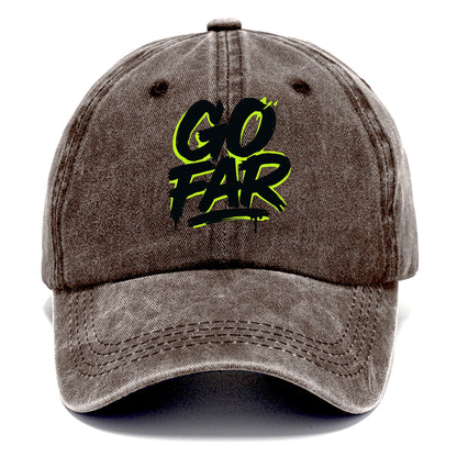 Bold typography design - "GO FAR" - distance goals, pushing limits - Classic Cap - Brown