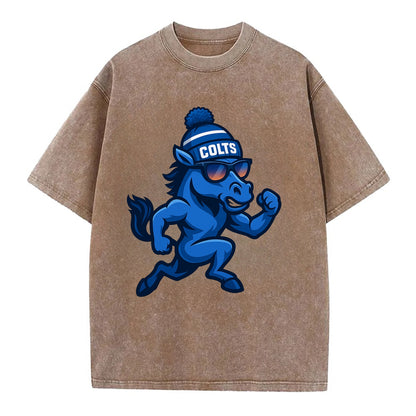 Indianapolis Colt Horse wearing Colts blue and white beanie with pom pom and - Vintage T-shirt - Brown