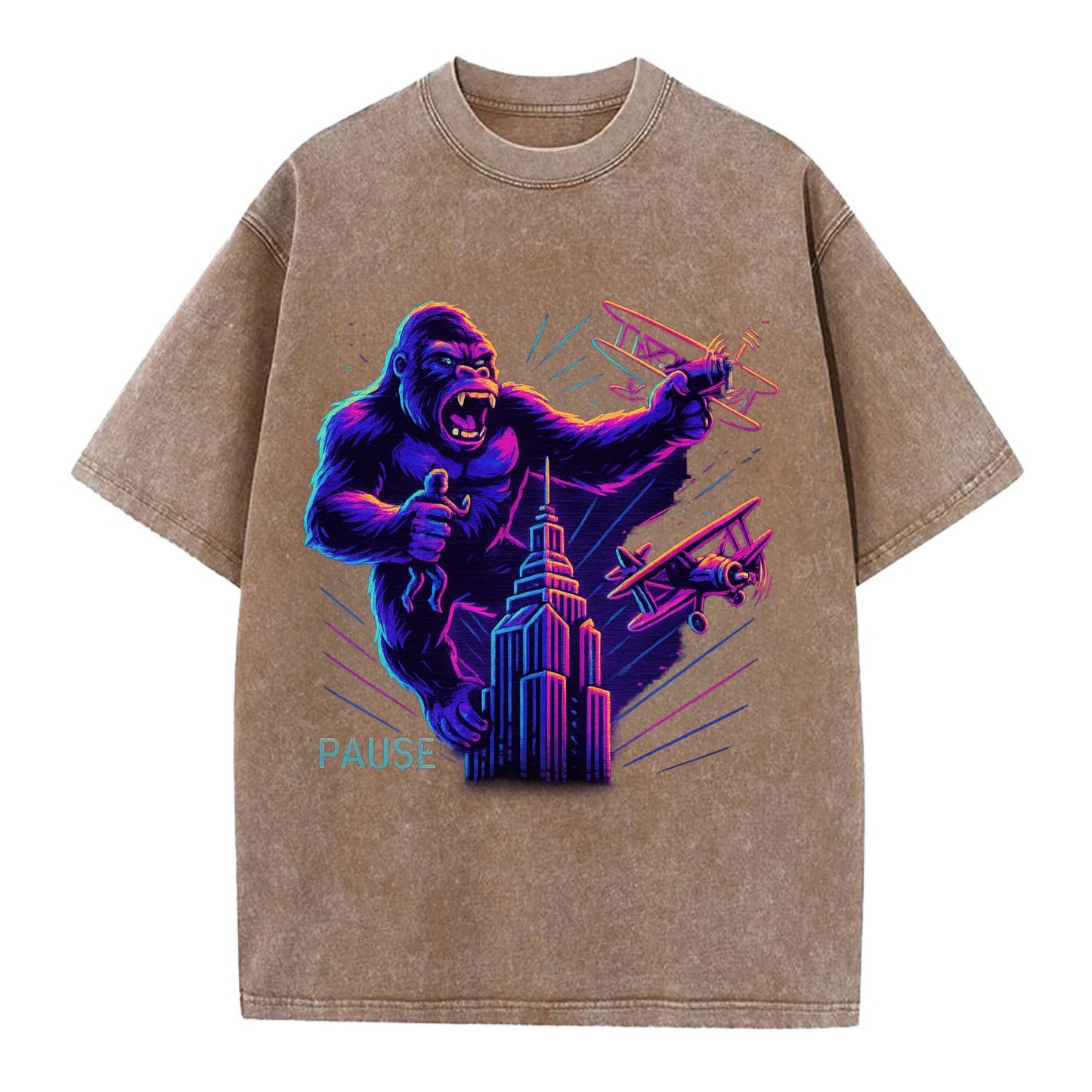 giant gorilla on top of skyscraper holding small figure, swatting planes - Vintage T-shirt - Brown