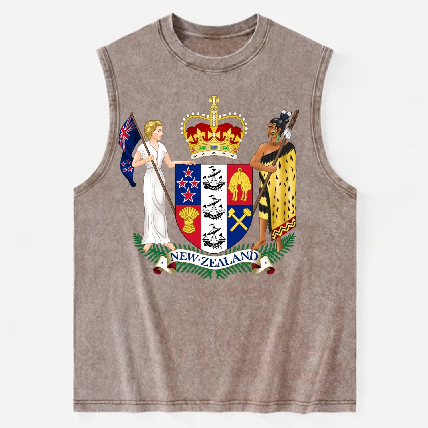 Coat Of Arms Of New Zealand - Vintage Washed Tank - Brown