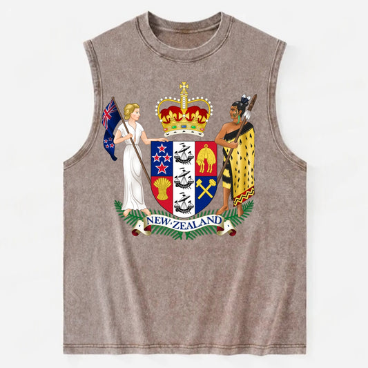 Coat Of Arms Of New Zealand - Vintage Washed Tank - Brown
