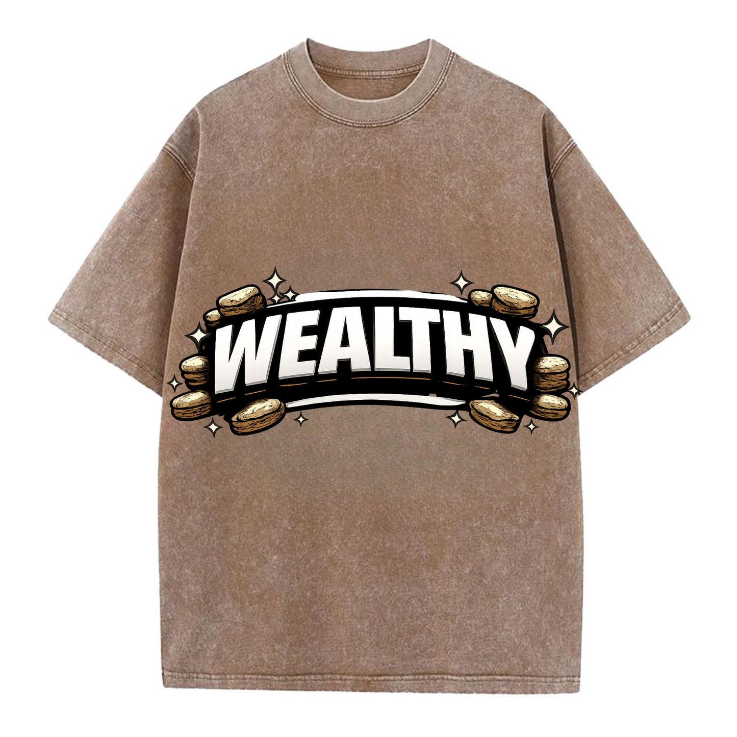 Bold typography design - "WEALTHY" - financial abundance, rich life - Vintage T-shirt - Brown