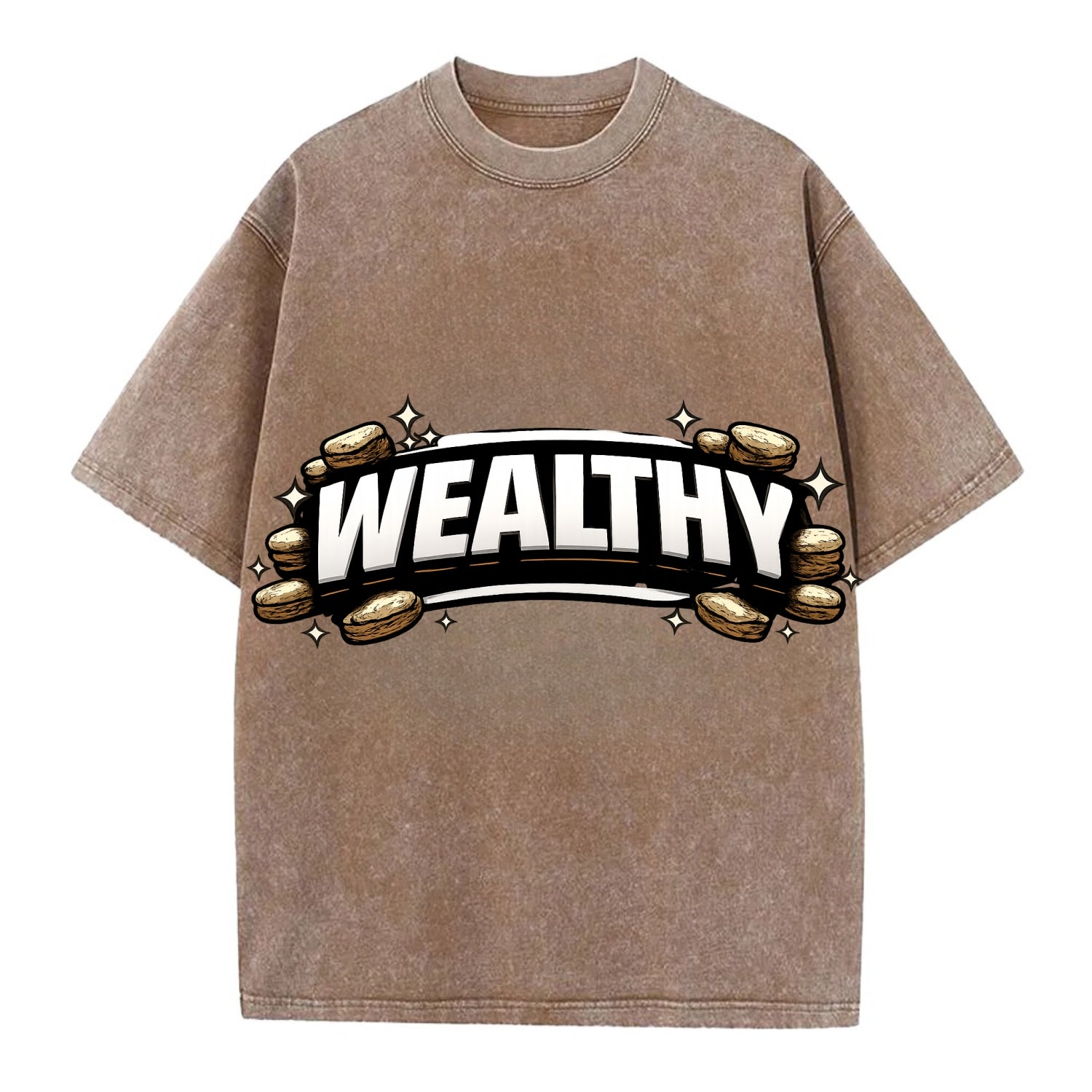 Bold typography design - "WEALTHY" - financial abundance, rich life - Vintage T-shirt - Brown