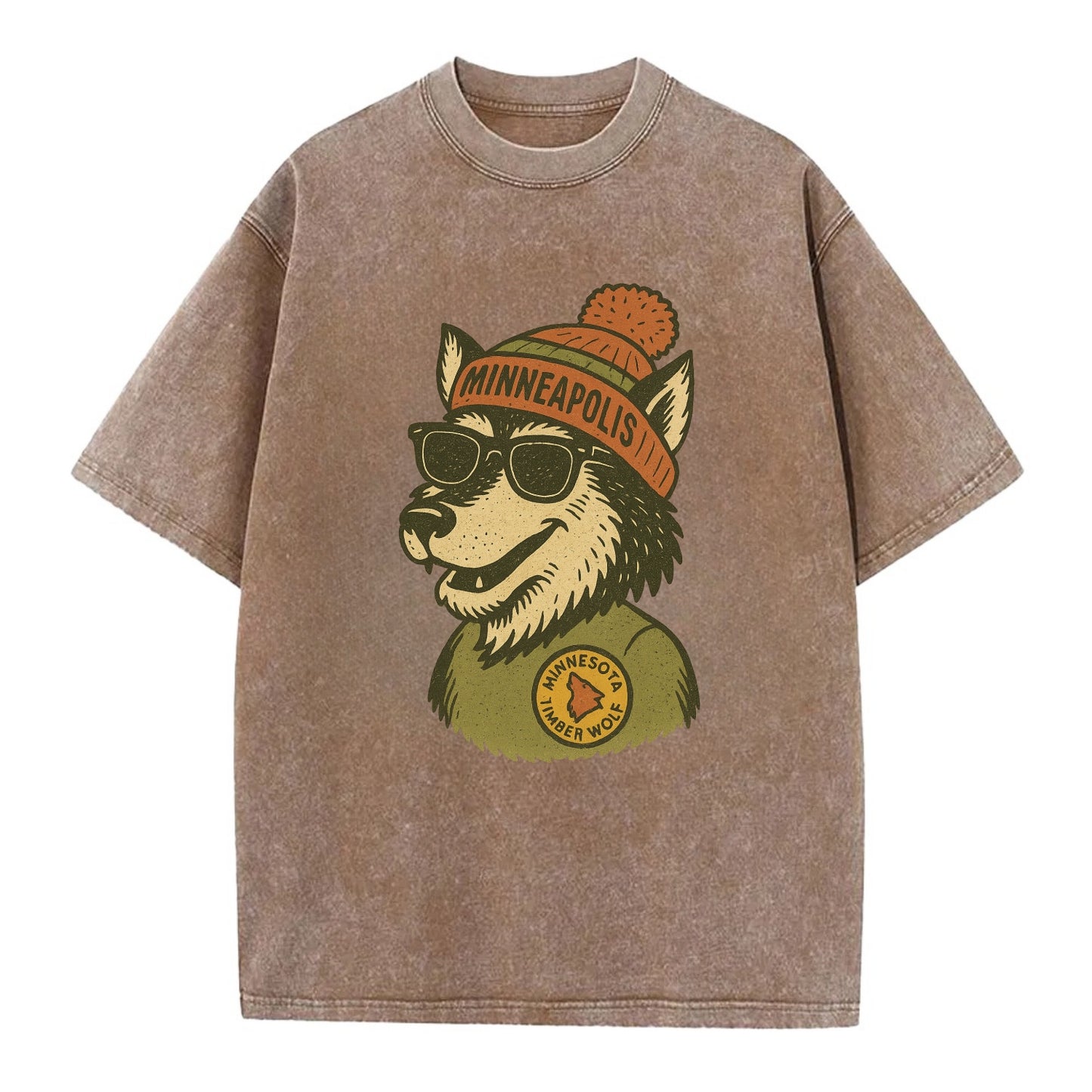 Minnesota Timber Wolf wearing Minneapolis beanie with pom pom and wayfarer - Vintage T-shirt - Brown