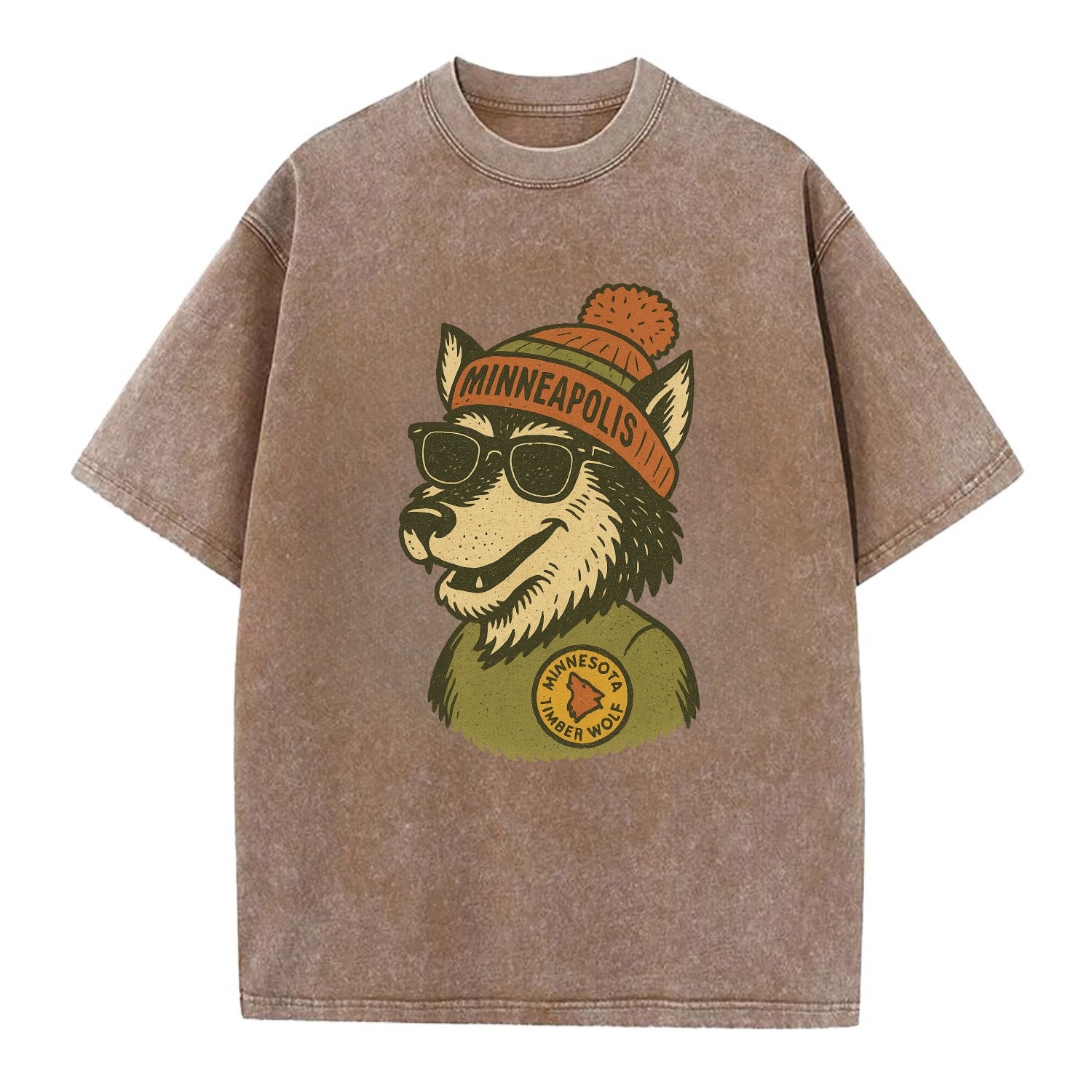 Minnesota Timber Wolf wearing Minneapolis beanie with pom pom and wayfarer - Vintage T-shirt - Brown