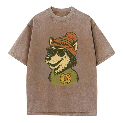 Minnesota Timber Wolf wearing Minneapolis beanie with pom pom and wayfarer - Vintage T-shirt - Brown