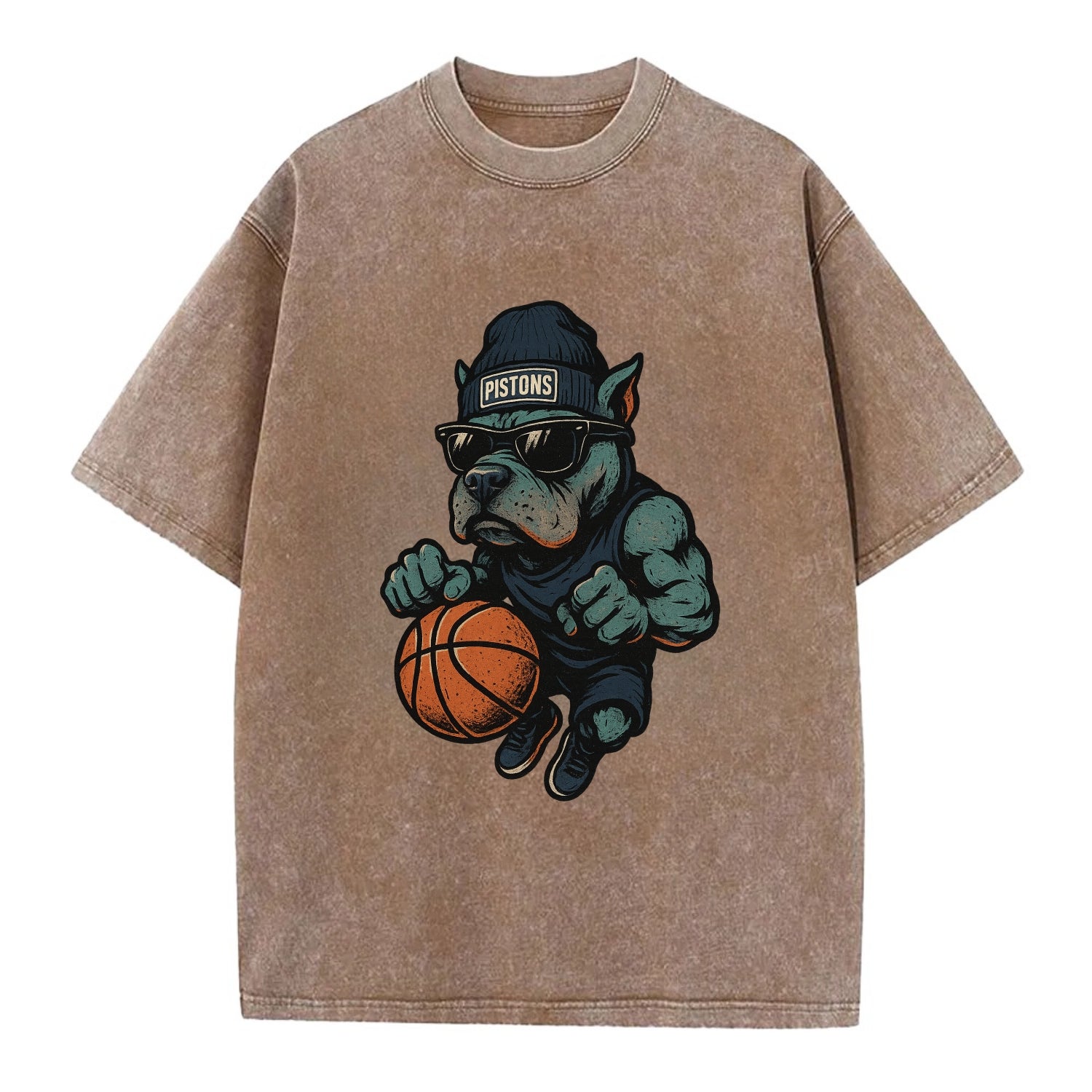 Detroit Pitbull wearing Pistons beanie with chrome patch and wayfarer sunglasses - Vintage T-shirt - Brown