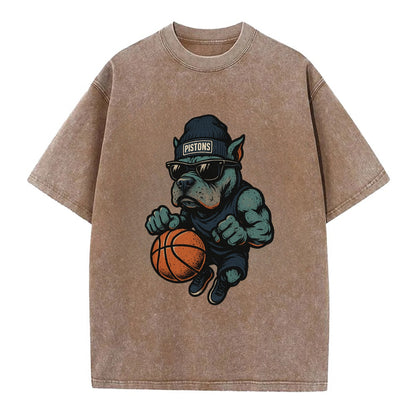 Detroit Pitbull wearing Pistons beanie with chrome patch and wayfarer sunglasses - Vintage T-shirt - Brown
