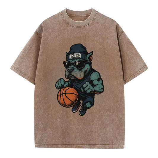 Detroit Pitbull wearing Pistons beanie with chrome patch and wayfarer sunglasses - Vintage T-shirt - Brown