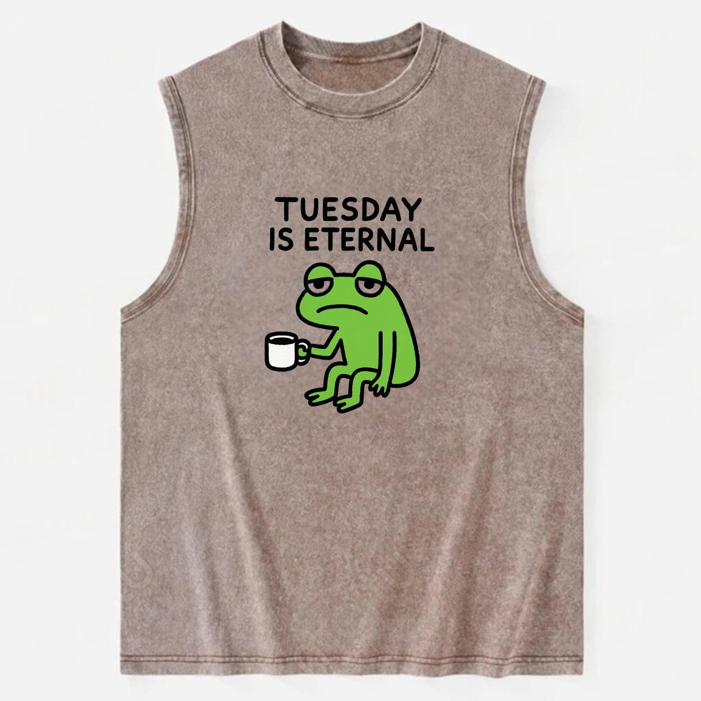 TUESDAY IS ETERNAL | Tired frog with coffee cup - Vintage Washed Tank - Brown