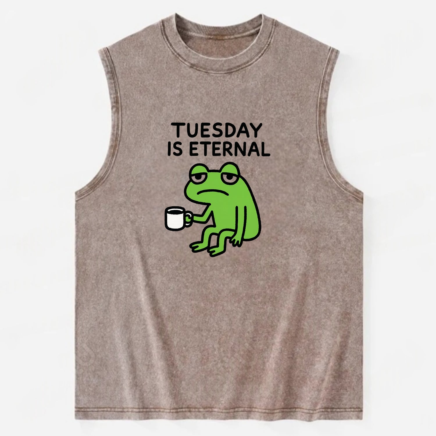 TUESDAY IS ETERNAL | Tired frog with coffee cup - Vintage Washed Tank - Brown