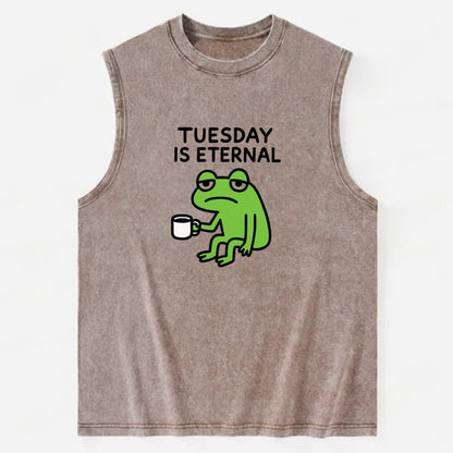 TUESDAY IS ETERNAL | Tired frog with coffee cup - Vintage Washed Tank - Brown