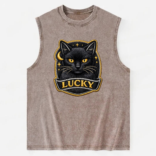 BLACK CAT LUCKY - sleek black cat with gold eyes in black , mysterious feline - Vintage Washed Tank - Brown