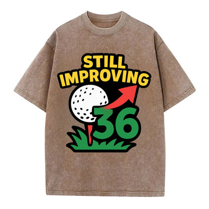 Handicap number getting higher with arrow - "Still Improving" - optimistic - Vintage T-shirt - Brown
