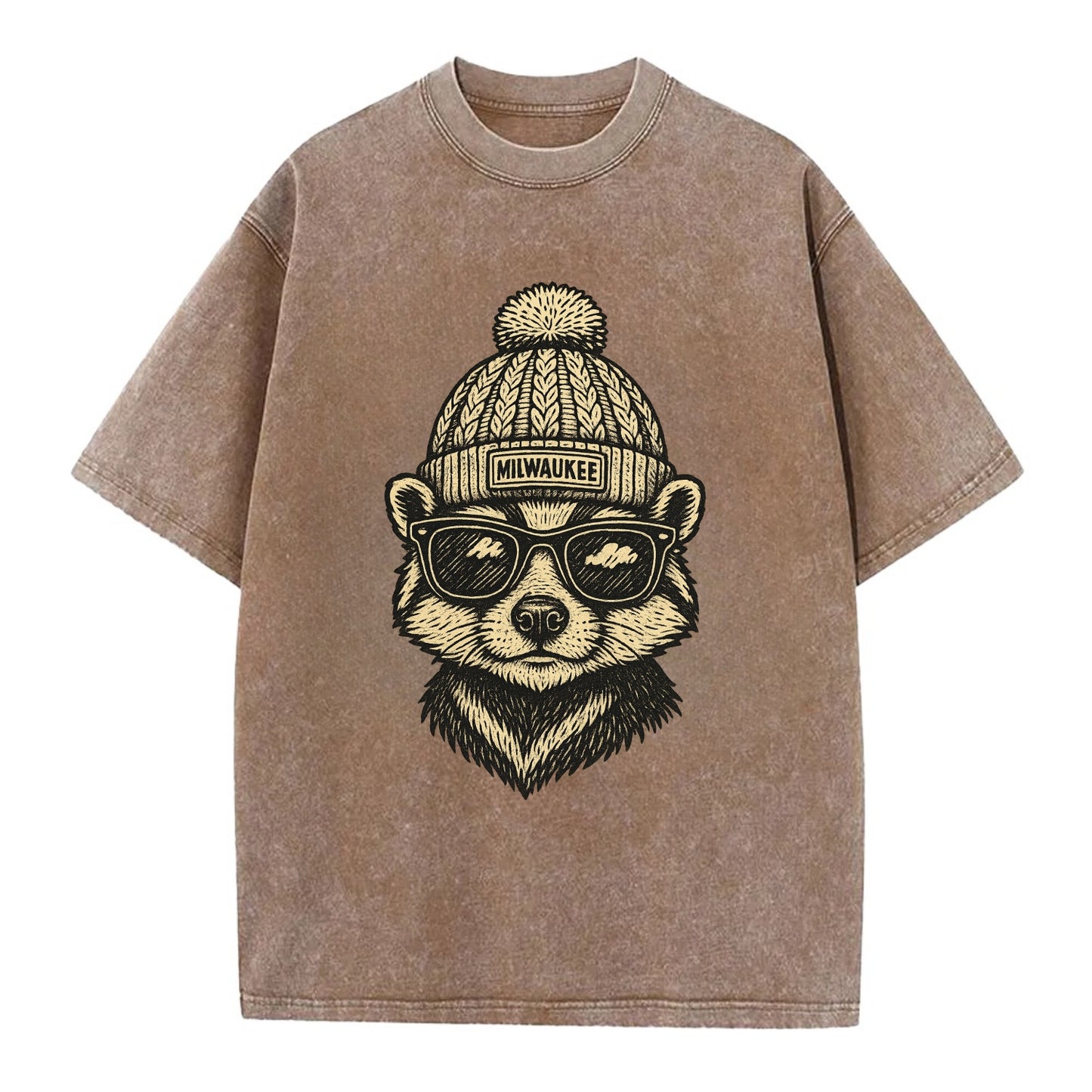 Wisconsin Badger wearing Milwaukee beanie with pom pom and wayfarer sunglasses - Vintage T-shirt - Brown