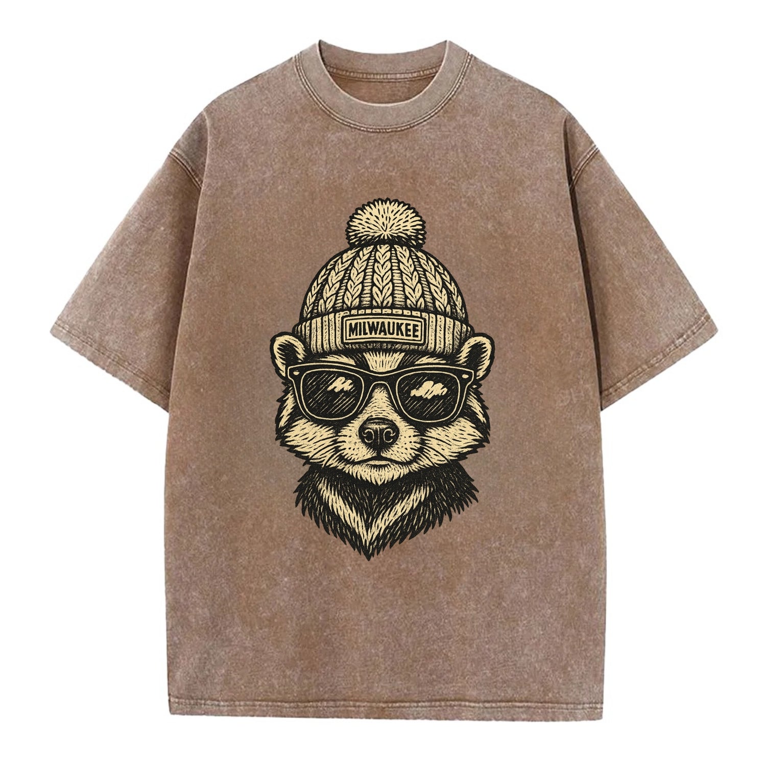 Wisconsin Badger wearing Milwaukee beanie with pom pom and wayfarer sunglasses - Vintage T-shirt - Brown
