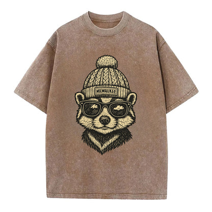 Wisconsin Badger wearing Milwaukee beanie with pom pom and wayfarer sunglasses - Vintage T-shirt - Brown