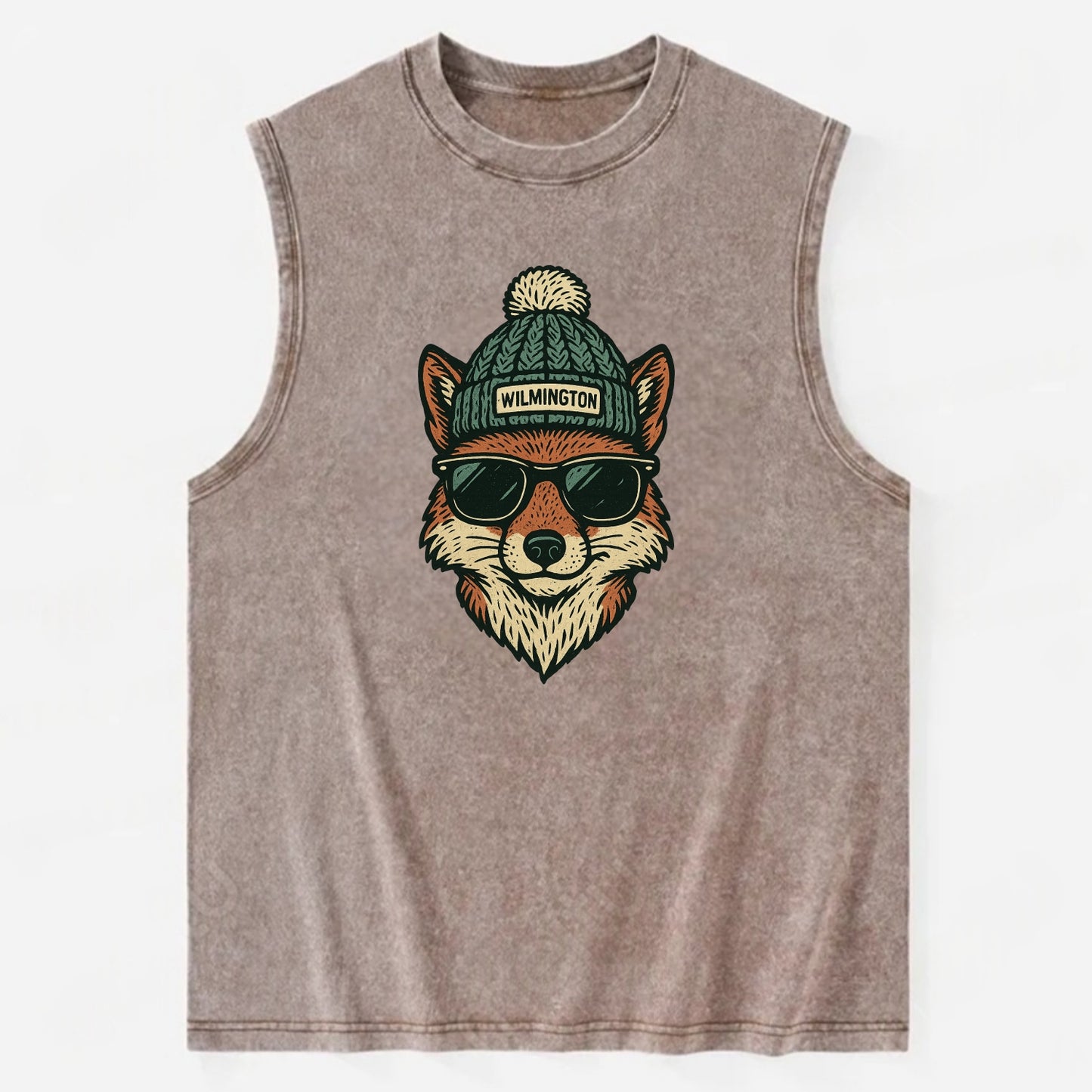 Delaware Gray Fox wearing Wilmington beanie with pom pom and wayfarer - Vintage Washed Tank - Brown