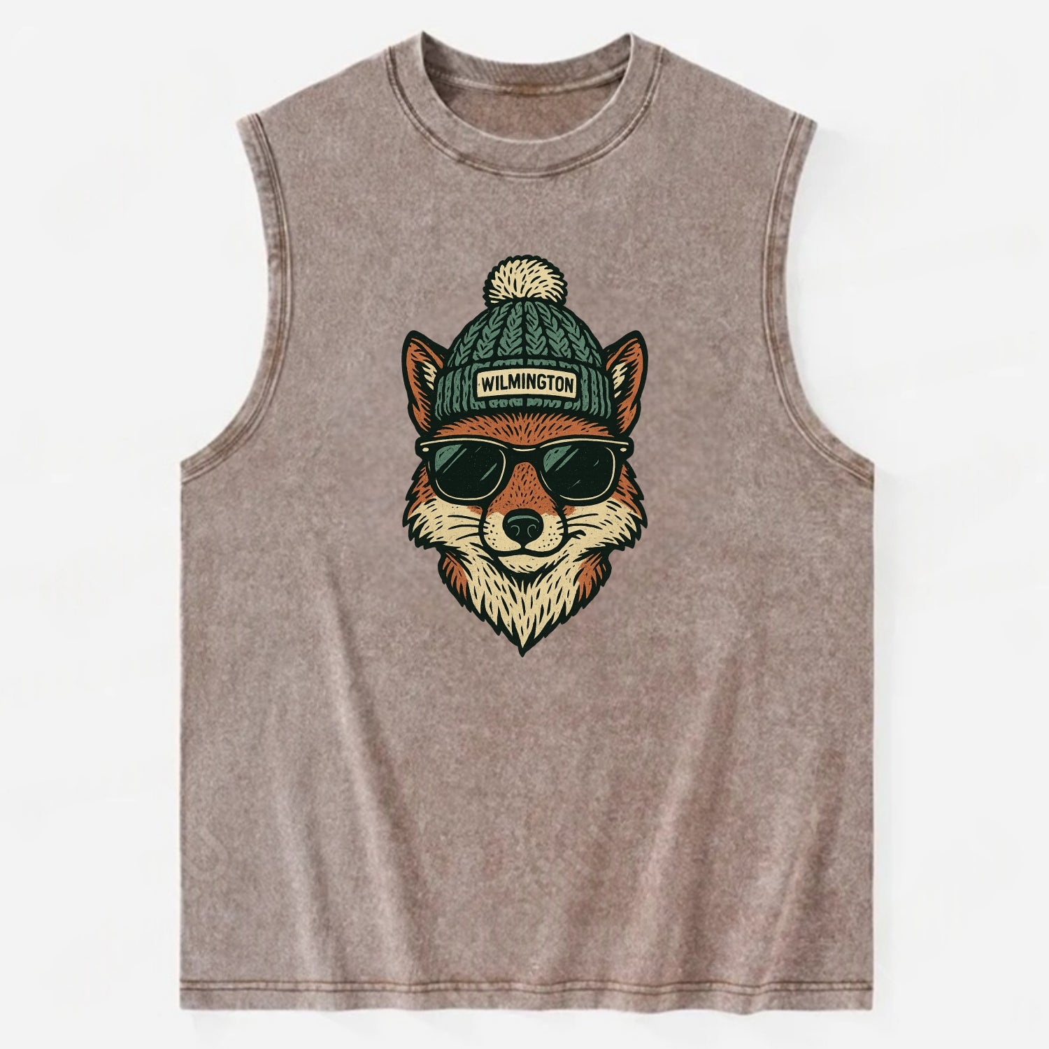 Delaware Gray Fox wearing Wilmington beanie with pom pom and wayfarer - Vintage Washed Tank - Brown