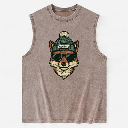 Delaware Gray Fox wearing Wilmington beanie with pom pom and wayfarer - Vintage Washed Tank - Brown