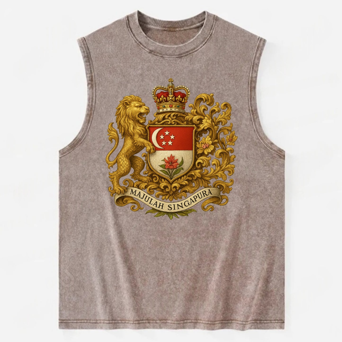 Singapore Merlion Emblem  - Vintage Washed Tank - Brown