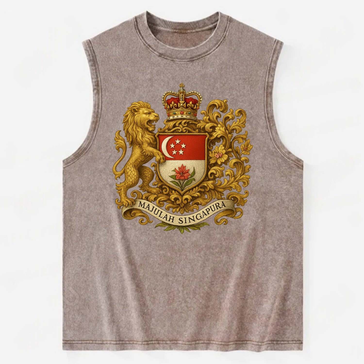 Singapore Merlion Emblem  - Vintage Washed Tank - Brown