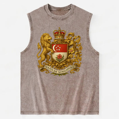 Singapore Merlion Emblem  - Vintage Washed Tank - Brown