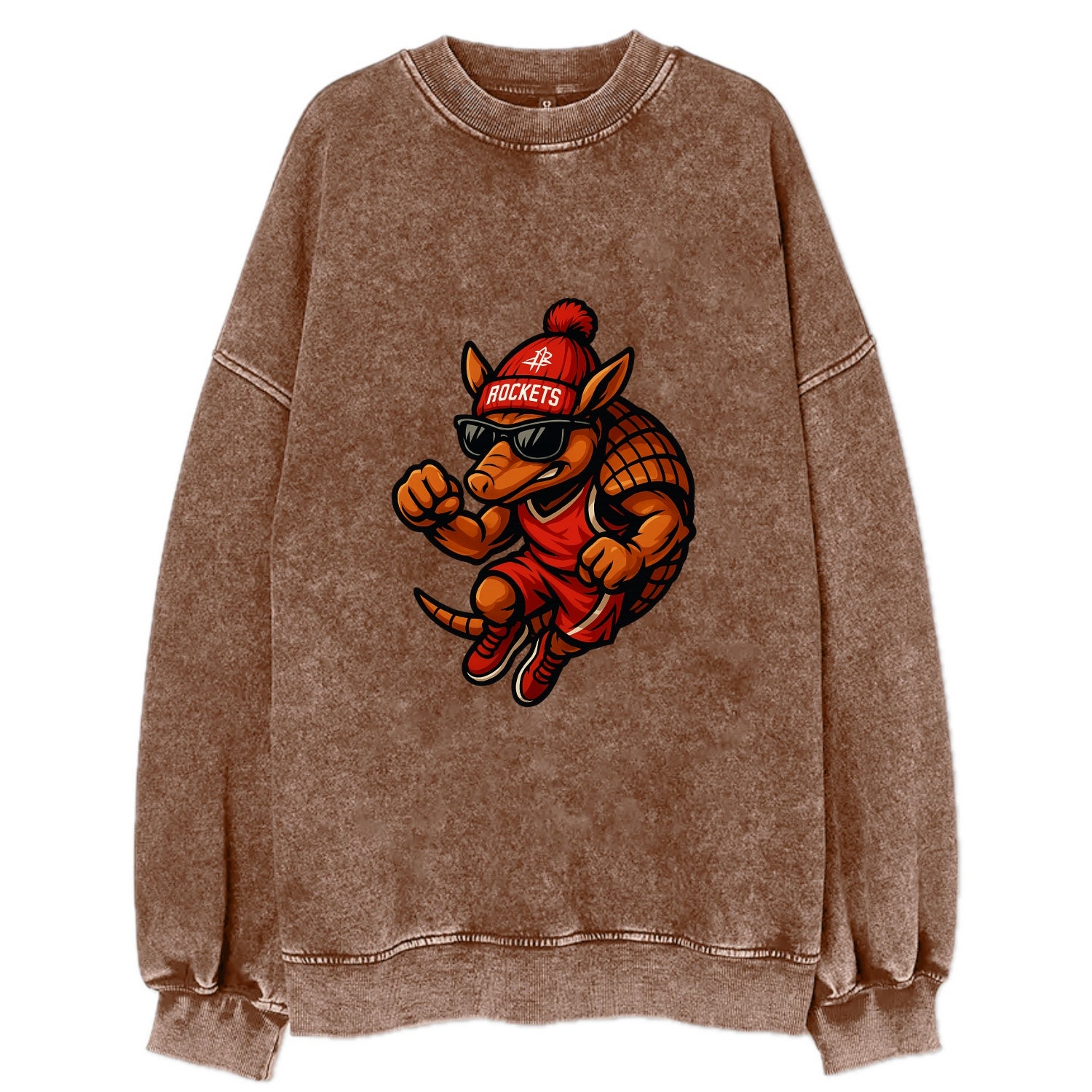 Houston Armadillo wearing Rockets red and silver beanie with rocket ship and - Vintage Sweatshirt - Brown