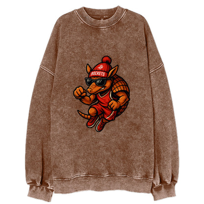 Houston Armadillo wearing Rockets red and silver beanie with rocket ship and - Vintage Sweatshirt - Brown